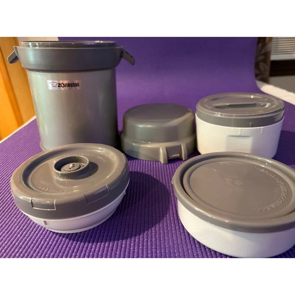 Zojirushi Vacuum Insulated Lunch Jar Bento Set Gray White Thermal Food Container